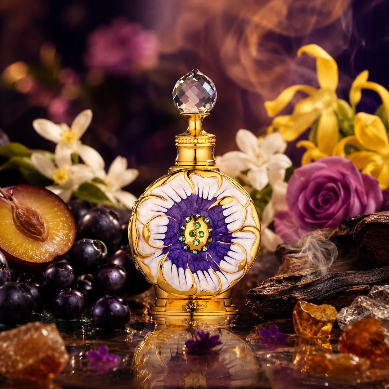 ARVOLA_SHOWCASE — Layali Perfume Oil Swiss Arabian, photo artistique (cassis, fleur d'oranger, prune, ylang-ylang, rose, jasmin, bois d'agar, ambre gris)