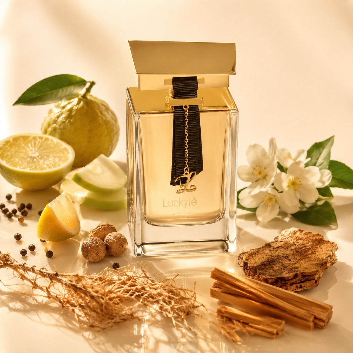 ARVOLA_SHOWCASE — Luxure Man Rave, photo artistique fond clair (bergamote, poivre noir, pomme verte, citron, jasmin, noix de muscade, patchouli, bois de santal, vétiver, bois de cèdre)