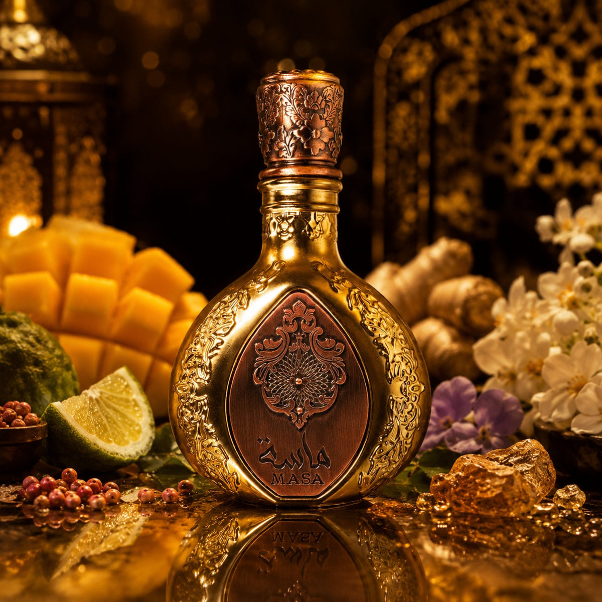 ARVOLA_SHOWCASE — Masa Lattafa Pride, photo artistique (mangue, safran, cedrat, poivre rose, osmanthus, gingembre, feuille de violette, fleur d'oranger, notes minerales, ambre, musc)