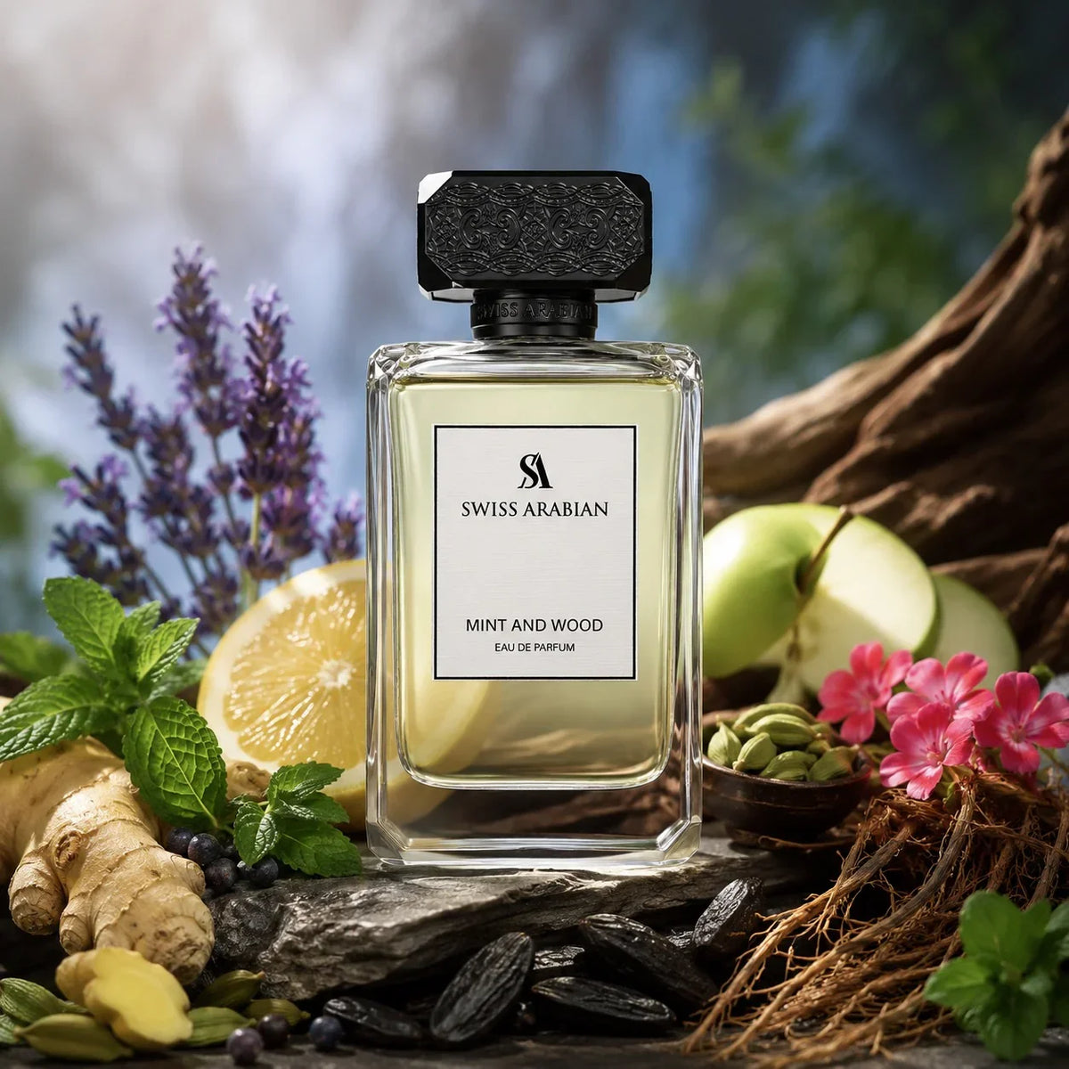 ARVOLA_SHOWCASE — Mint And Wood Swiss Arabian, photo artistique (citron, menthe, lavande, gingembre, cardamome, genievre, pomme, geranium, vetiver, feve tonka, bois)