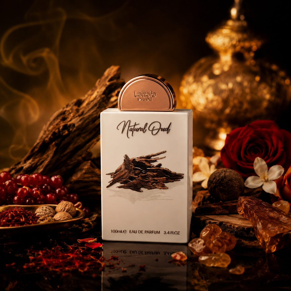 ARVOLA_SHOWCASE — Natural Oud Maison Alhambra, photo artistique (safran, noix de muscade, fruits rouges, jasmin, rose, oud, cèdre, benzoïne, ambre)