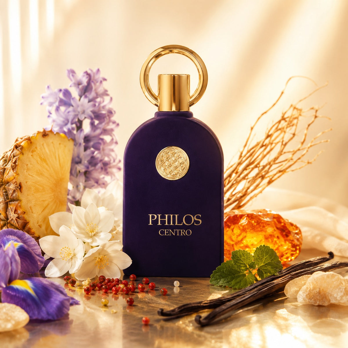 ARVOLA_SHOWCASE — Philos Centro Maison Alhambra, photo artistique fond clair (jacinthe, ananas, jasmin, poivre rose, iris, vétiver, ambre, musc, vanille, patchouli)