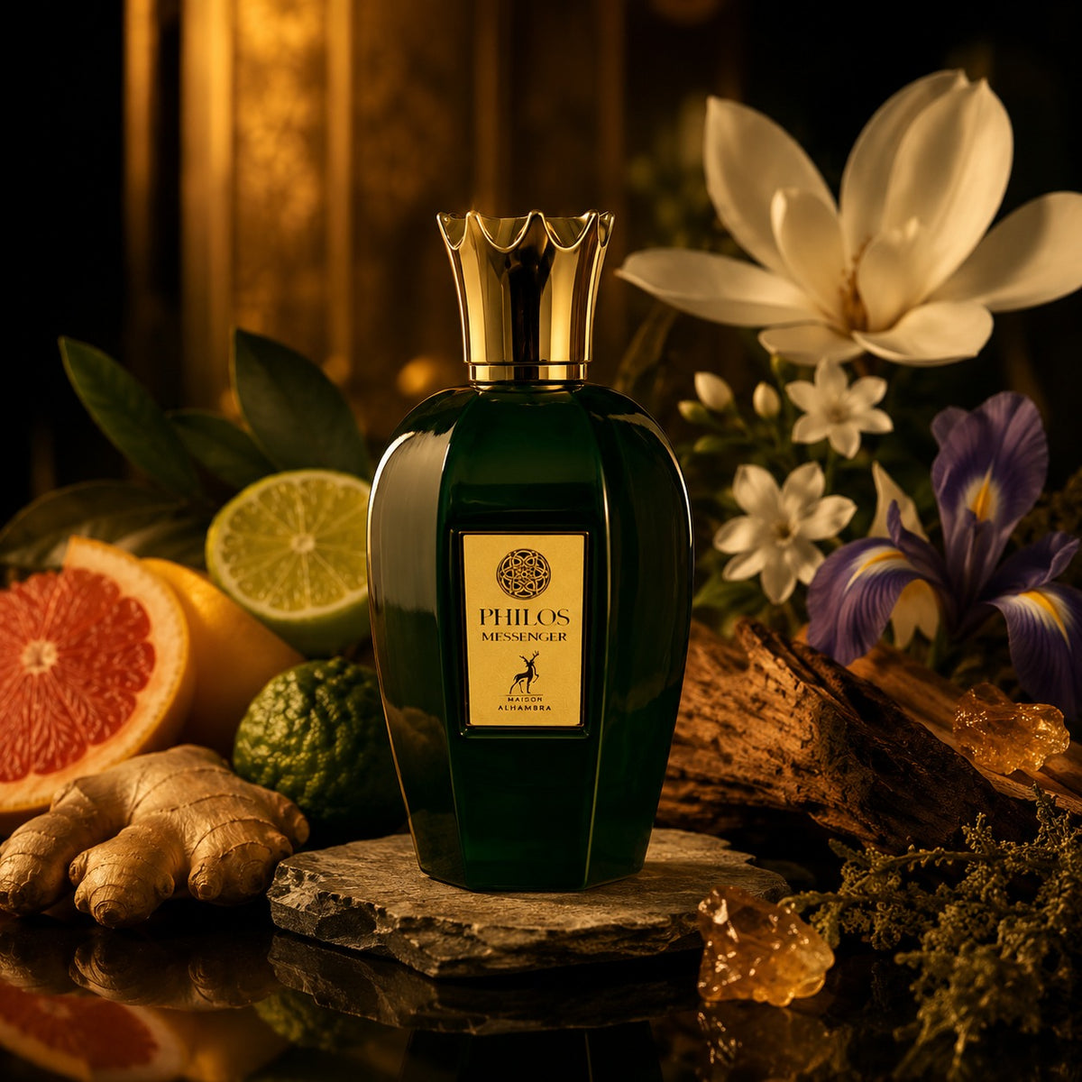 ARVOLA_SHOWCASE — Philos Messenger Maison Alhambra, photo artistique (pamplemousse, bergamote, gingembre, magnolia, jasmin, iris, musc, bois de cèdre, patchouli)