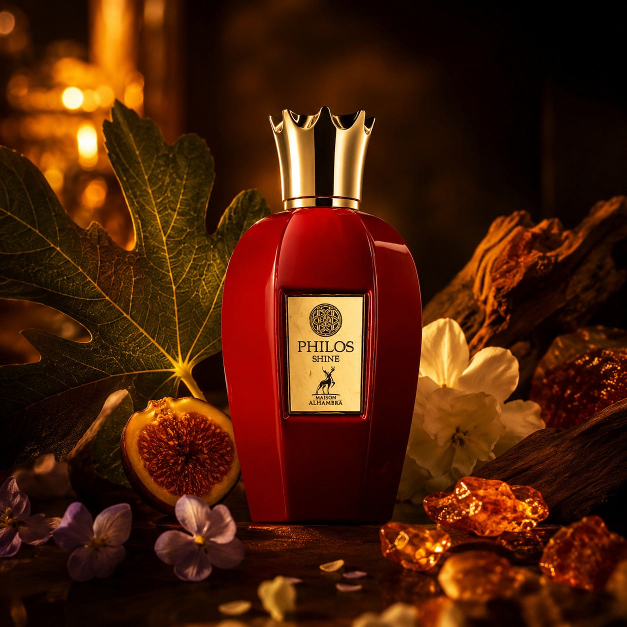 ARVOLA_SHOWCASE — Philos Shine Maison Alhambra, photo artistique (feuilles de figuier, bergamote, notes florales, violette, musc, accords boises, ambre)