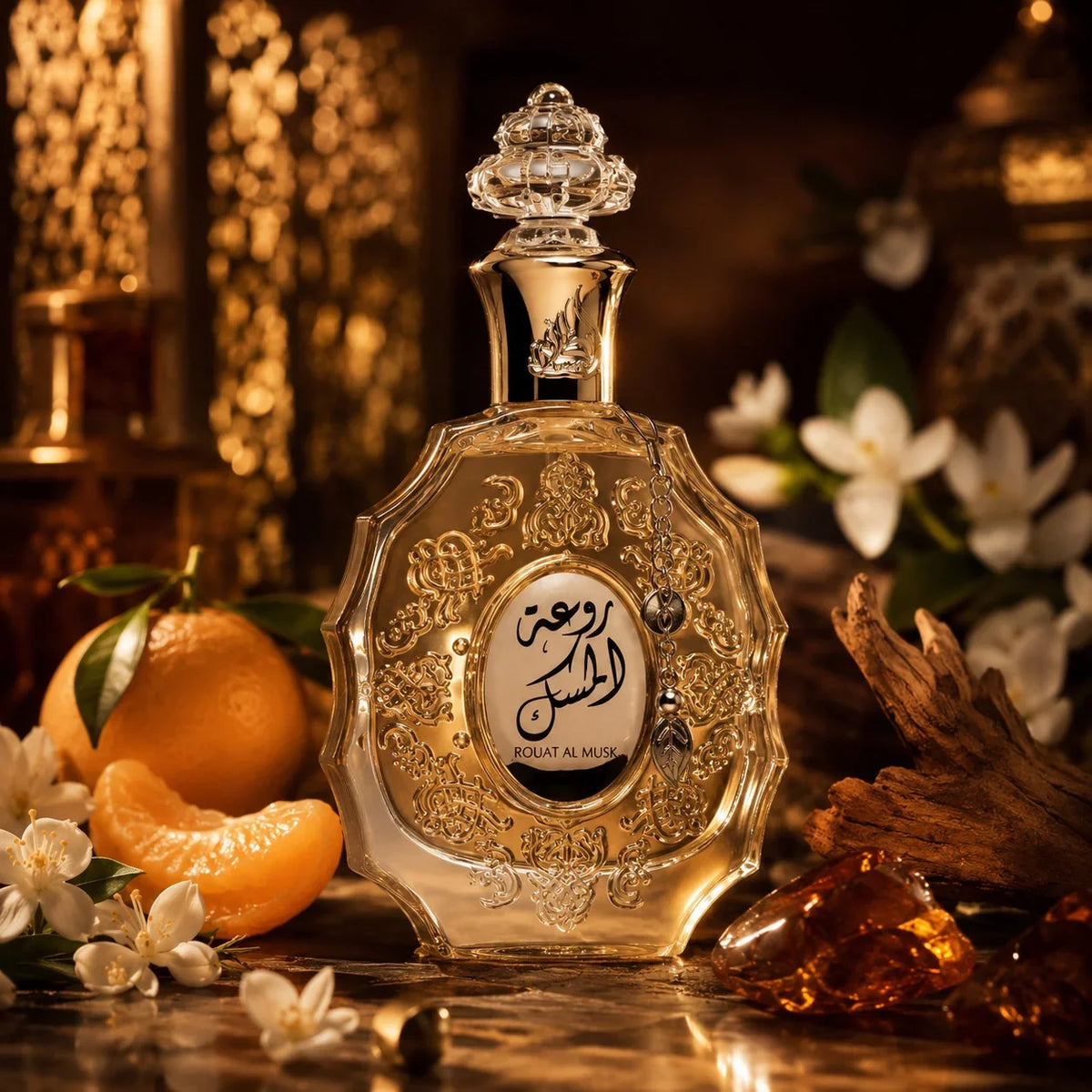 ARVOLA_SHOWCASE — Rouat Al Musk Lattafa, photo artistique (mandarine, fleurs d'oranger, fruits, fleurs blanches, jasmin, bois de santal, ambre, musc)