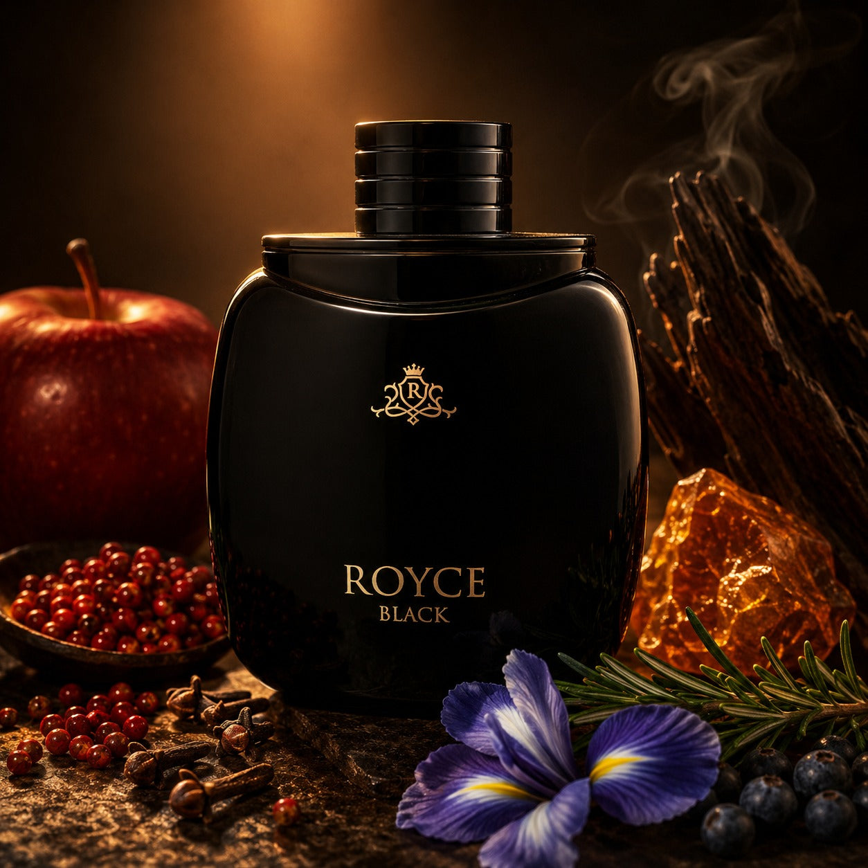 ARVOLA_SHOWCASE — Royce Black Vurv, photo artistique (poivre rose, pomme, clou de girofle, iris, baies de genévrier, romarin, ambre, oud)