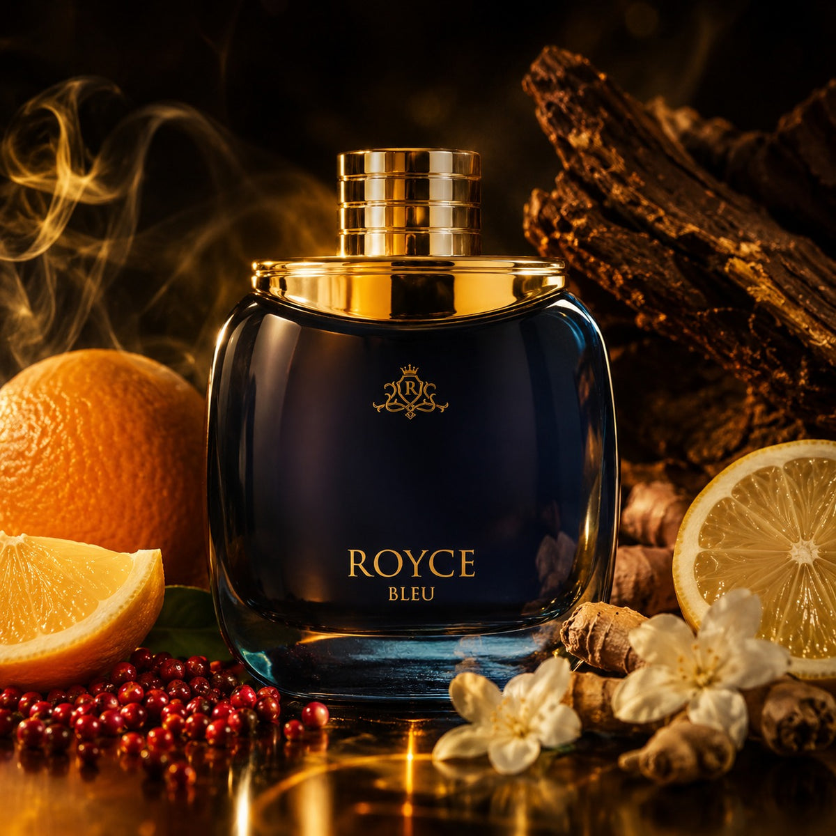 ARVOLA_SHOWCASE — Royce Bleu Vurv, photo artistique (poivre rose, orange, citron, gingembre, jasmin, notes boisees)