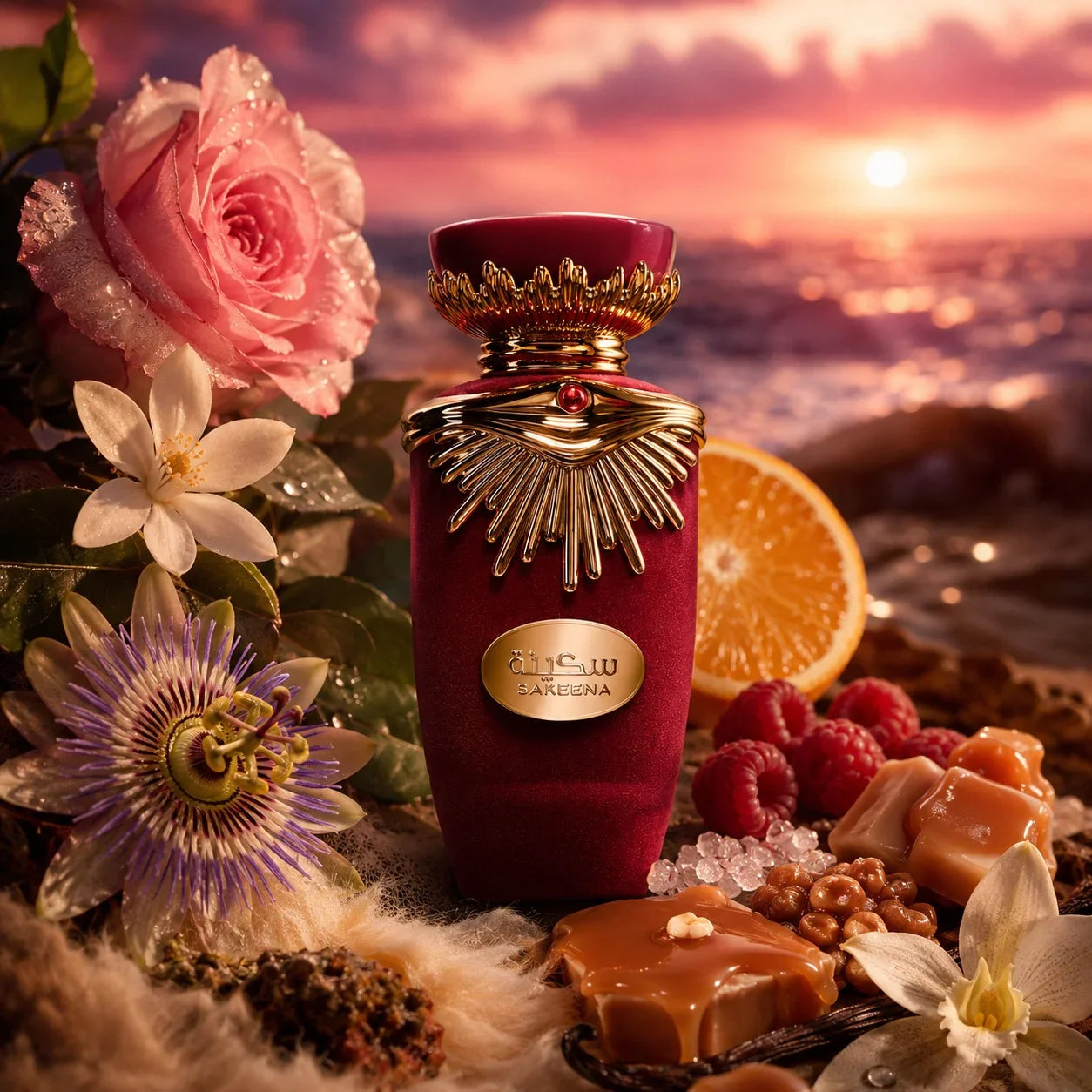 ARVOLA_SHOWCASE — Sakeena Lattafa, photo artistique (passiflore, orange, framboise, rose, fleur d'oranger, sel de mer, toffee, praline, vanille, musc)