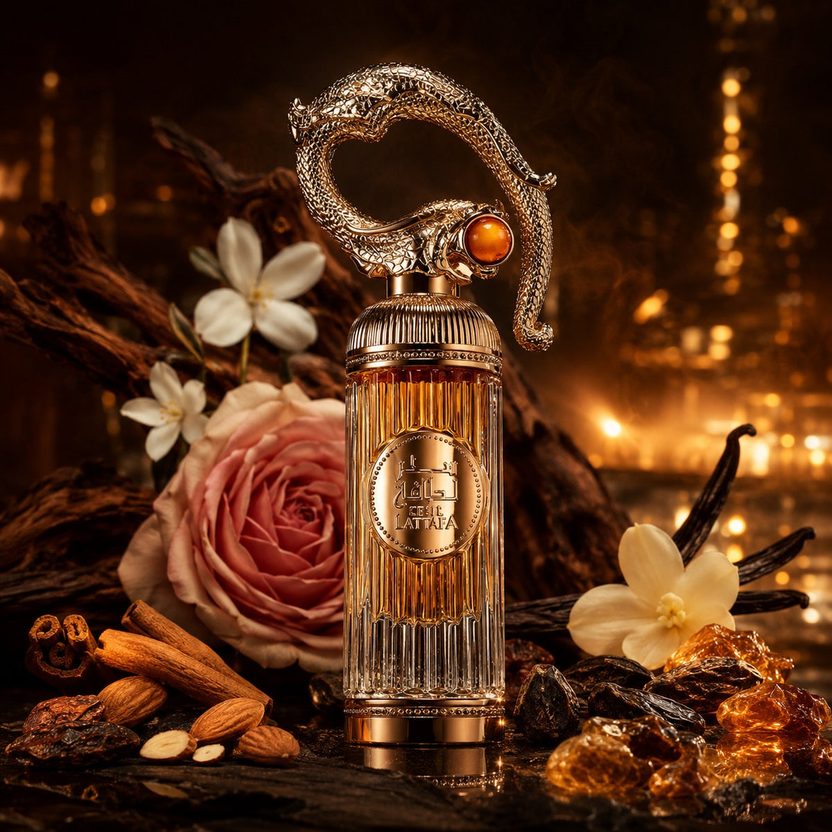 ARVOLA_SHOWCASE — Sehr Lattafa, photo artistique (amande amere, cannelle, pomarose, akigalawood, jasmin, vanille, feve tonka, ambre)
