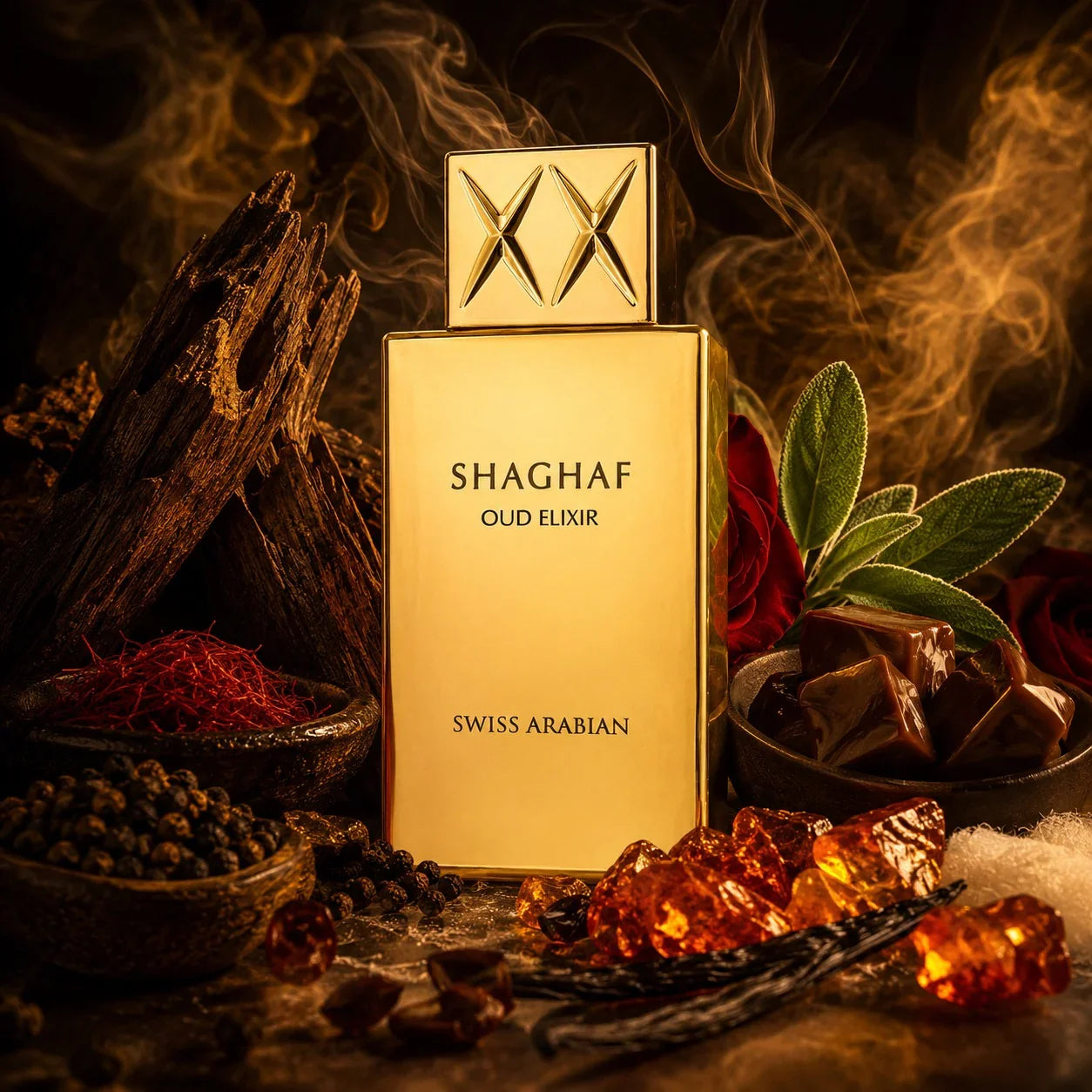 ARVOLA_SHOWCASE — Shaghaf Oud Elixir Swiss Arabian, photo artistique (oud, poivre, safran, praline, rose, sauge, vanille, ambre, musc)