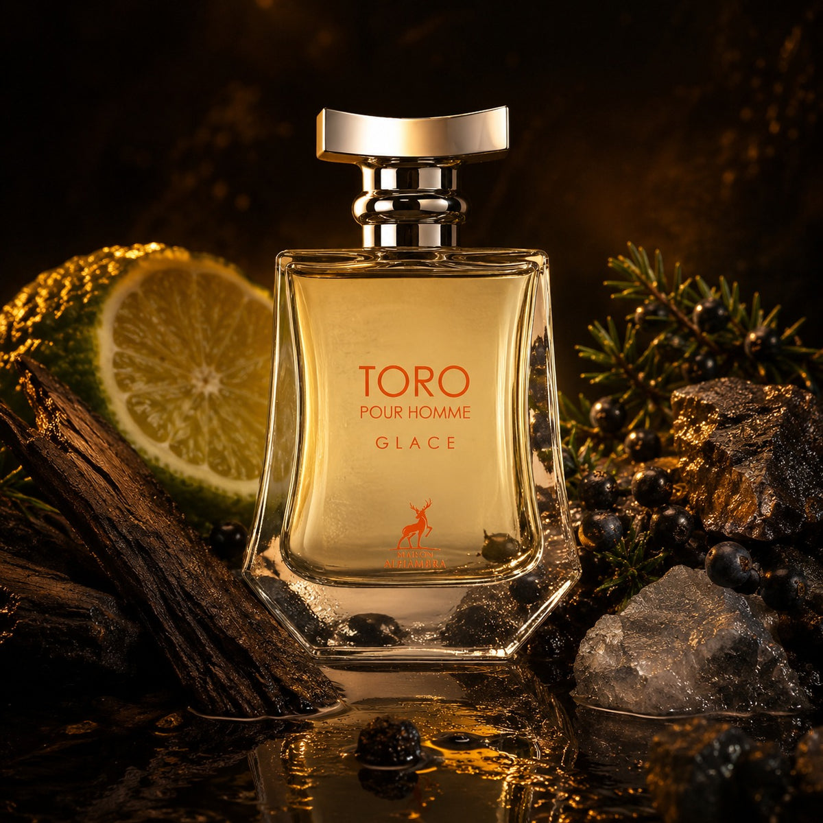 ARVOLA_SHOWCASE — Toro Pour Homme Glace Maison Alhambra, photo artistique (cedrat, baies de genievre, timur, notes minerales, notes boisees)