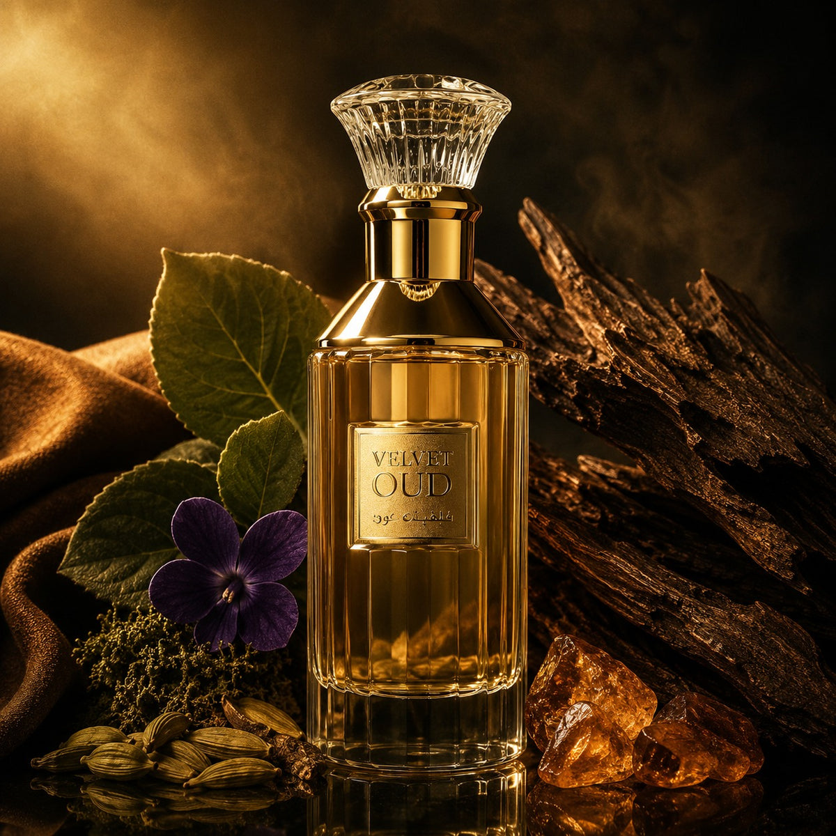 ARVOLA_SHOWCASE — Velvet Oud Lattafa, photo artistique (cardamome, bergamote, feuille de violette, patchouli, daim, oud, ambre musque, mousse de chene)