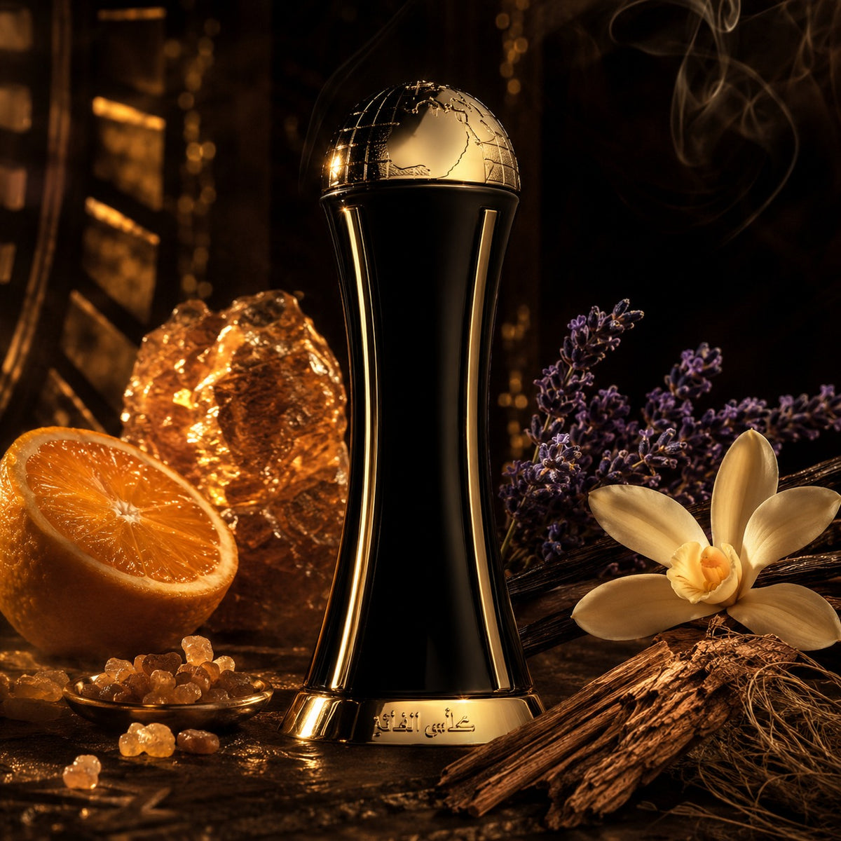 ARVOLA_SHOWCASE — Winners Trophy Lattafa, photo artistique (resine oliban, orange, lavande, vanille, bois de cedre, vetiver)