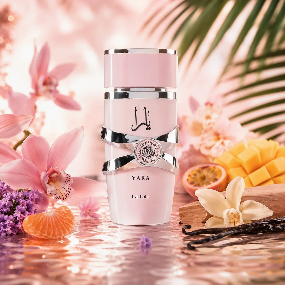 ARVOLA_SHOWCASE — Yara Lattafa, photo artistique (heliotrope, mandarine, orchidee, fleurs, fruits tropicaux, vanille, bois de santal, musc)