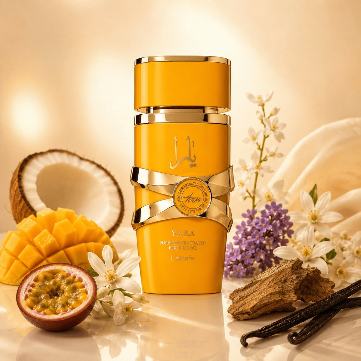 ARVOLA_SHOWCASE — Yara Tous Lattafa, photo artistique fond clair (noix de coco, mangue, passiflore, héliotrope, jasmin, fleur d'oranger, bois de cachemire, musc, vanille)