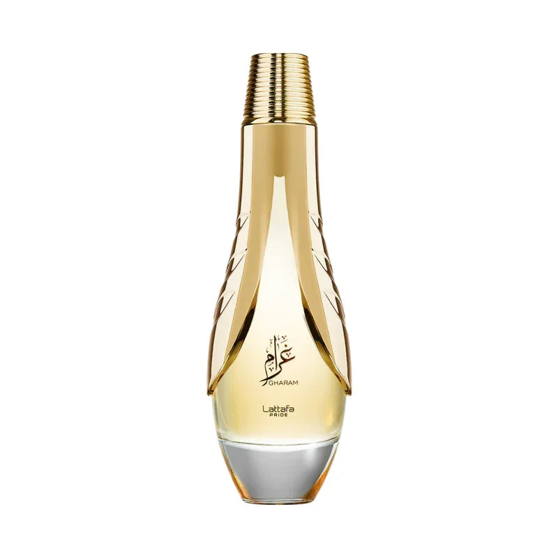 Flacon de parfum Lattafa Pride Gharam au design doré élégant