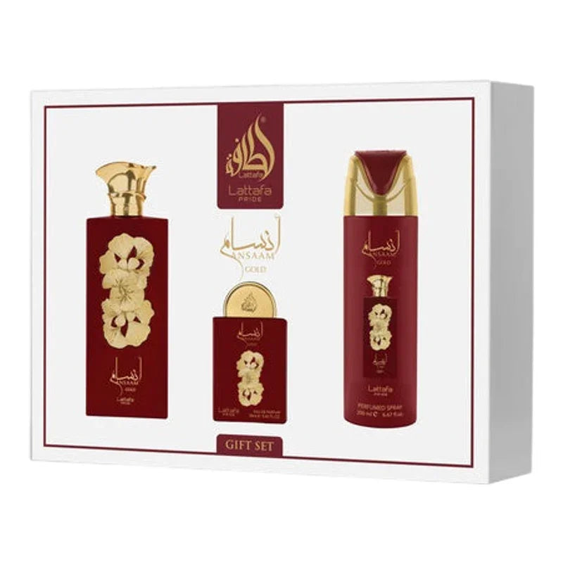 Coffret cadeau parfum Lattafa Ansaam Gold, flacon rouge et or, vaporisateur et miniatures élégantes