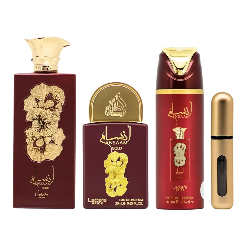 Collection de parfums Ansaam Gold Lattafa Pride, flacons rouges et dorés, eau de parfum et spray