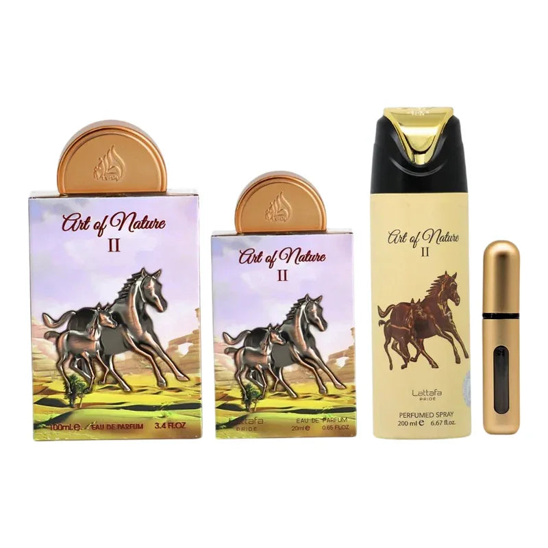 Parfum Art of Nature II pour femme, flacons de 100ml, 20ml, 200ml et recharge dorée avec chevaux