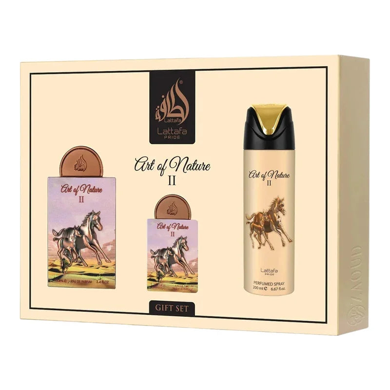 Coffret cadeau Art of Nature II par Lattafa Pride, parfum et spray parfumé avec chevaux dorés