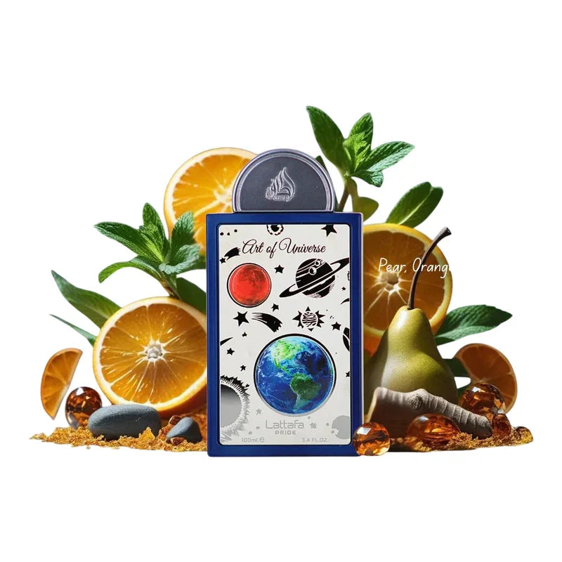 Parfum Art of Universe Lattafa Pride avec notes de poire et orange, flacon bleu décoré de planètes