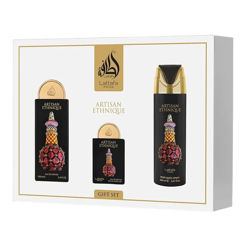Coffret cadeau Artisan Ethnique Lattafa avec eau de parfum et spray parfumé, design ethnique élégant
