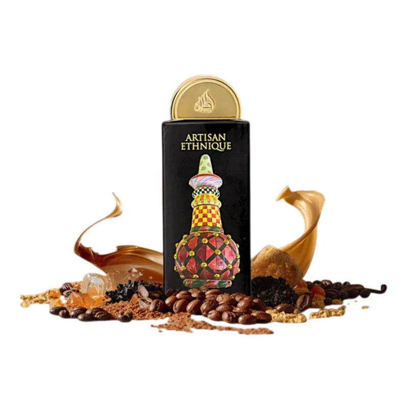 Parfum Artisan Ethnique dans un flacon noir élégant entouré de grains de café et d'épices.