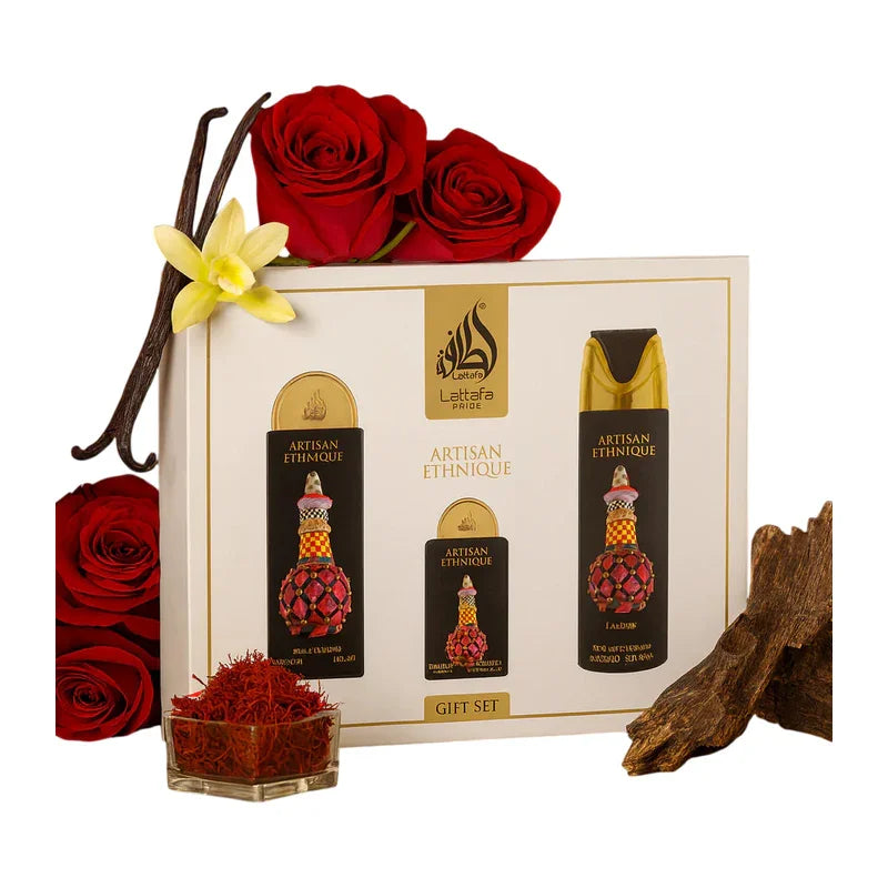 Coffret cadeau parfum Lattafa Pride Artisan Ethnique avec roses rouges et vanille