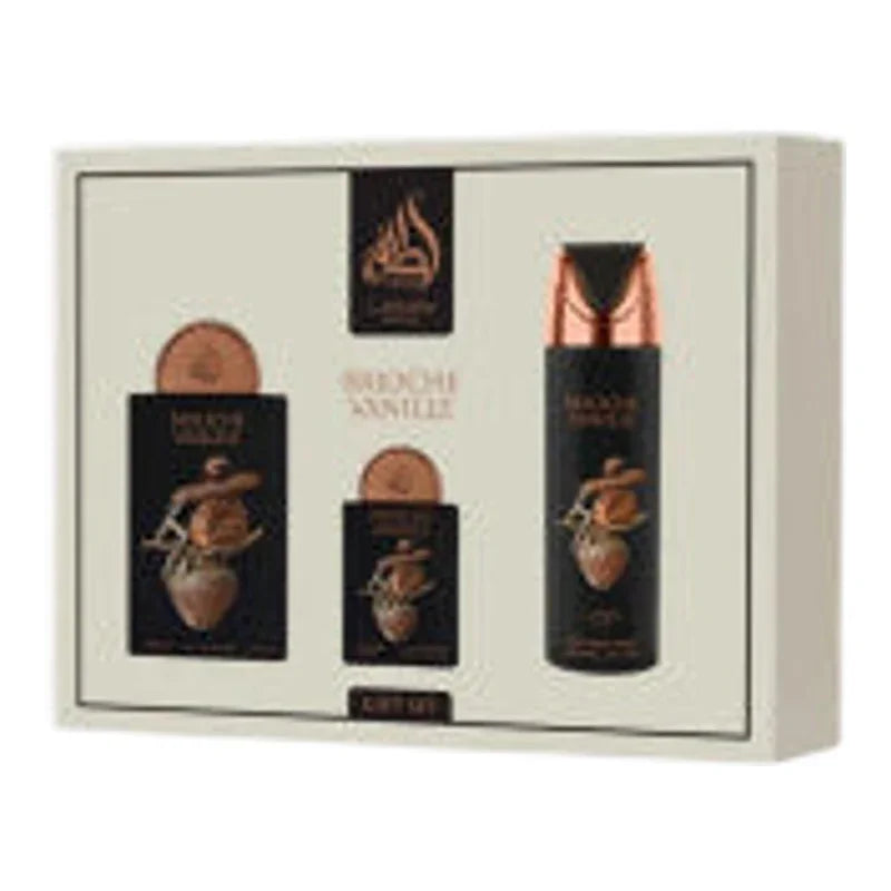 Coffret cadeau parfumé vanille avec flacon et accessoires élégants, idéal pour un cadeau raffiné