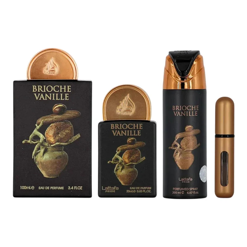 Brioche Vanille parfum Lattafa Pride, eau de parfum et spray parfumé, flacons élégants dorés et noirs