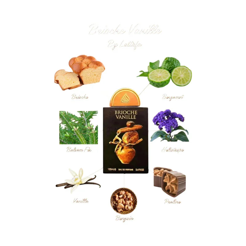 Composition des notes olfactives du parfum Brioche Vanille : bergamote, vanille et praline.