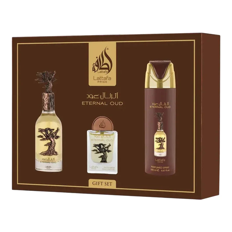 Coffret cadeau parfum Lattafa Pride Eternal Oud avec eau de parfum et spray corporel