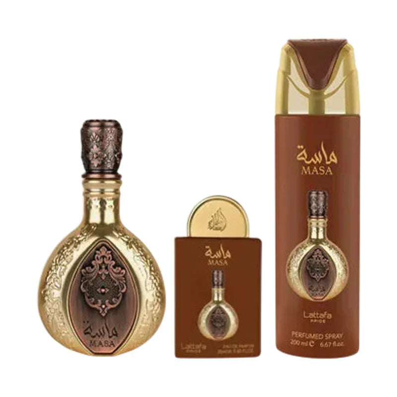 Parfum Masa Lattefa, flacon doré orné, vaporisateur et coffret cadeau, parfum oriental luxueux