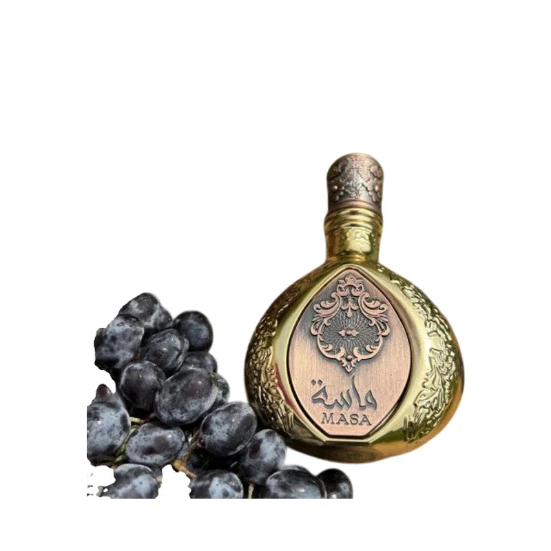 Flacon parfum MASA doré avec raisins noirs, design oriental élégant