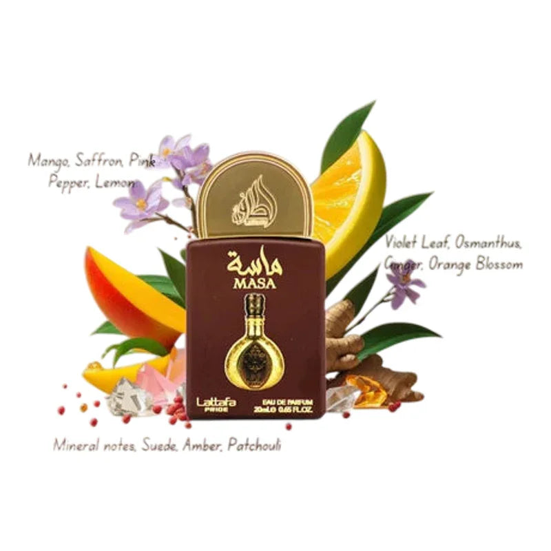 Parfum Masa Lattafa, eau de parfum aux notes de mangue, safran, violette et ambre, flacon doré élégant
