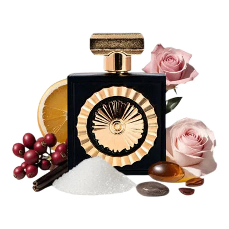 Flacon de parfum noir et or avec roses, agrumes et épices, parfum de luxe