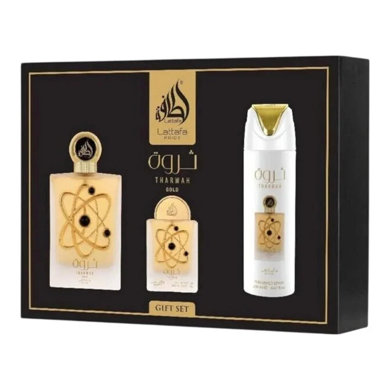 Coffret cadeau parfum Lattafa Pride Tharwah Gold comprenant eau de parfum et spray corps.