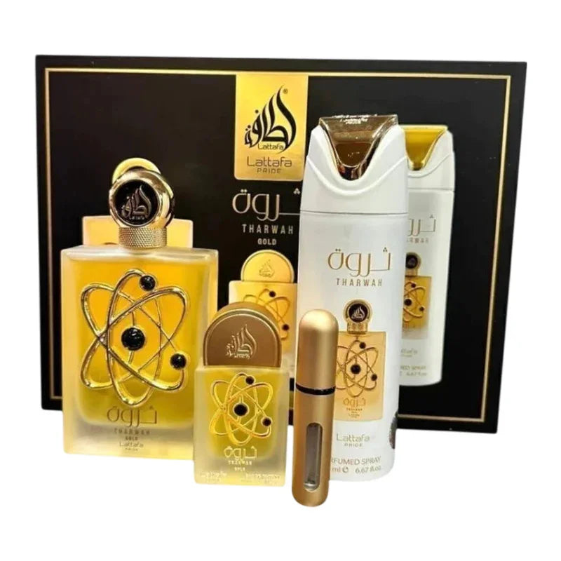 Coffret cadeau parfum Lattafa Pride Tharwah Gold comprenant plusieurs flacons et sprays.