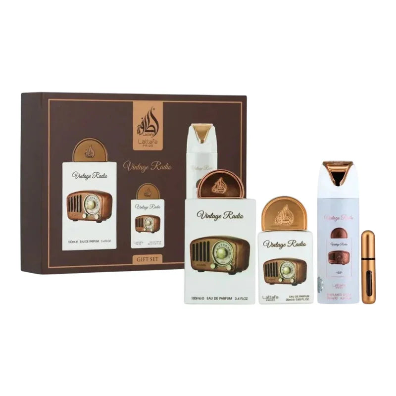 Coffret cadeau parfum Vintage Radio, eau de parfum 100ml et miniatures, design rétro radio