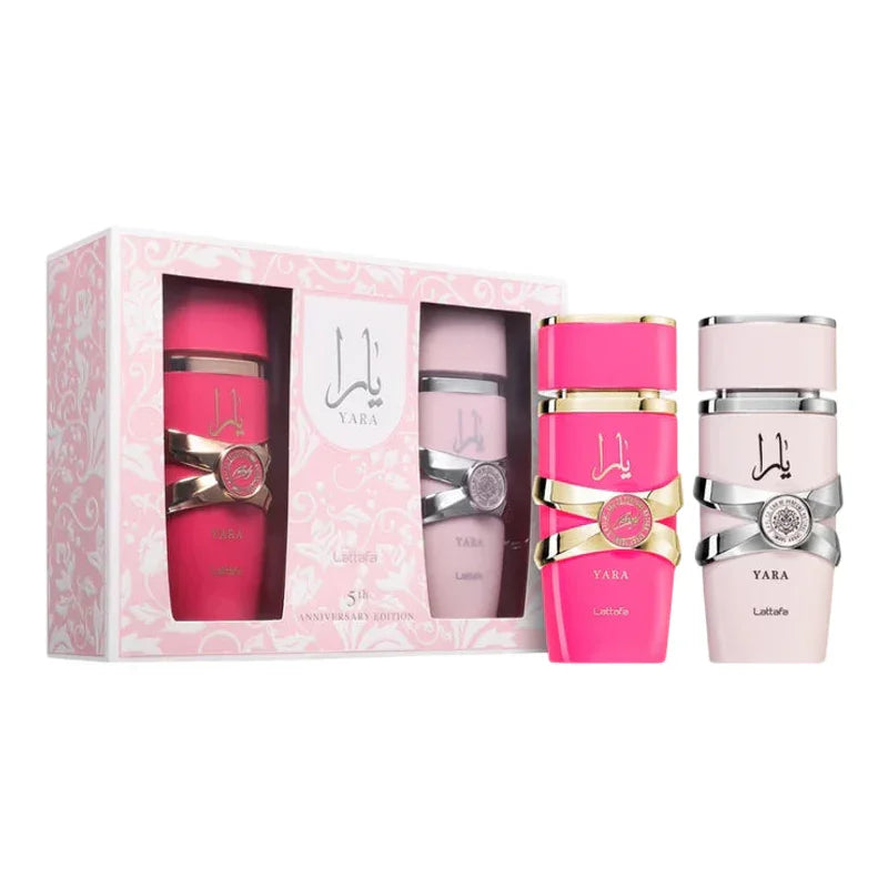 Coffret parfum Yara de Lattafa avec flacon rose et flacon blanc élégant