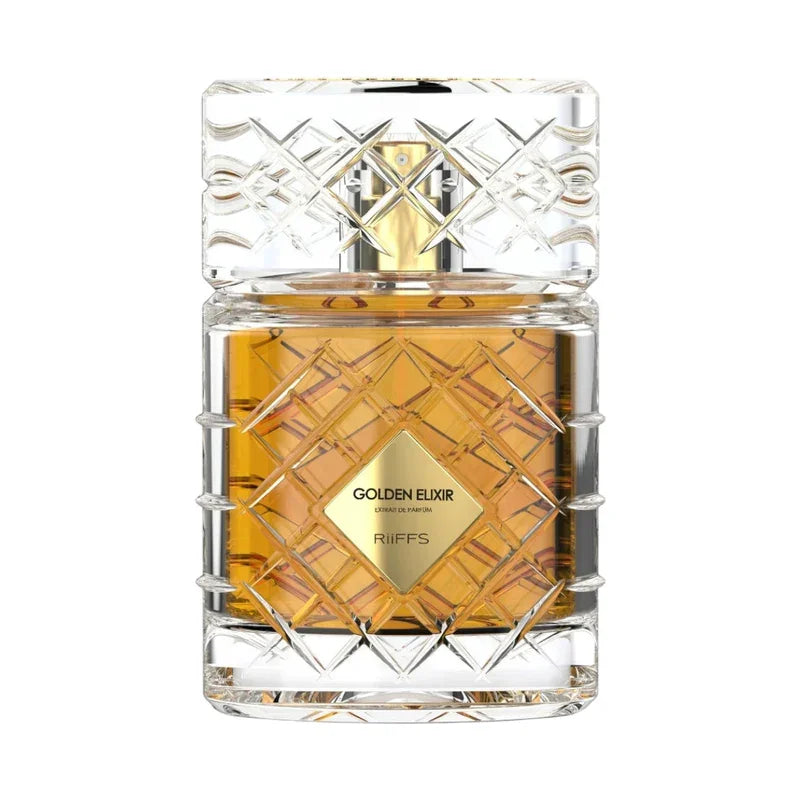 Parfum Golden Elixir de Riffs, flacon luxueux en verre ciselé avec extrait de parfum.