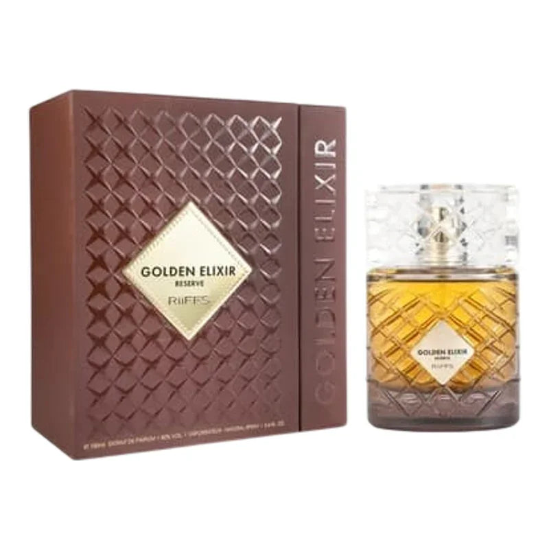 Parfum Golden Elixir Reserve de Riffs dans son coffret élégant et flacon ambré.