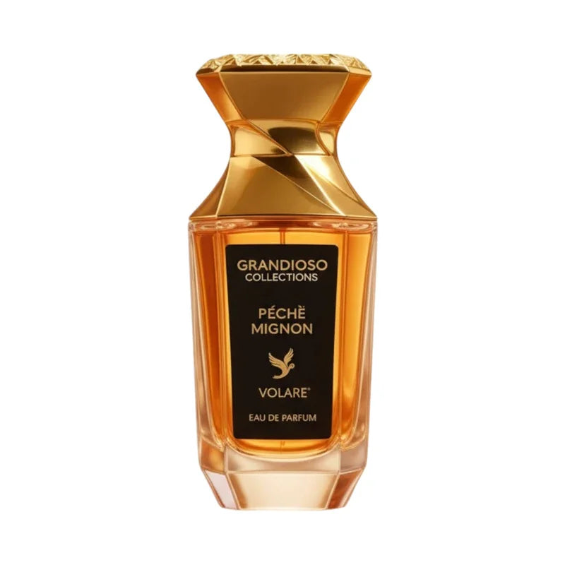 Flacon de parfum Pêché Mignon Volare Eau de Parfum, collection Grandioso, design doré élégant