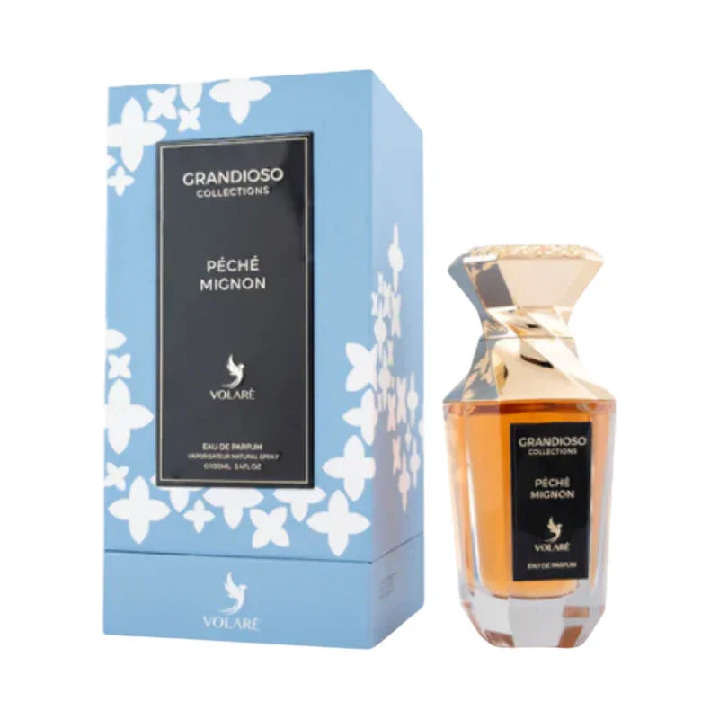 Parfum Pêché Mignon Volare, eau de parfum Grandioso Collections, flacon doré et boîte bleue fleurie