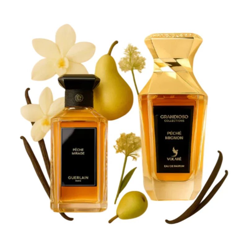 Parfums Pêche Mirage et Pêche Mignon avec poires et fleurs de vanille