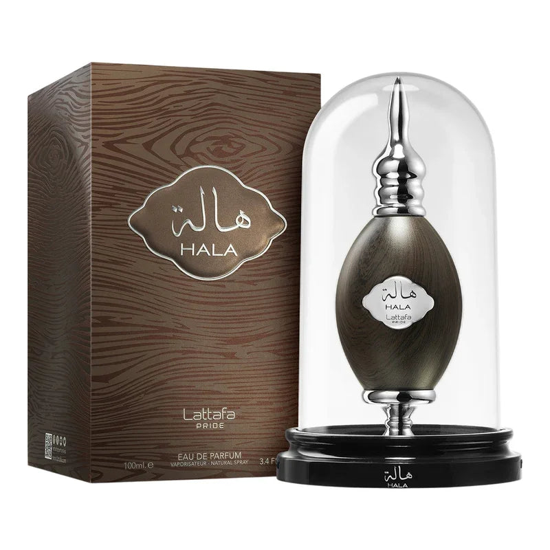 Parfum Lattafa Pride Hala dans son flacon sous cloche en verre avec boîte en bois.