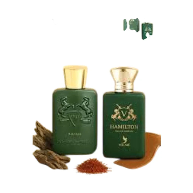 Coffret de parfum Hamilton pour homme avec flacons verts et ingrédients naturels