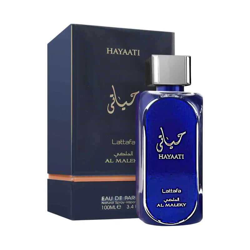 Parfum pour homme Lattafa Hayaati Al Maleky, flacon bleu et boîte élégante.
