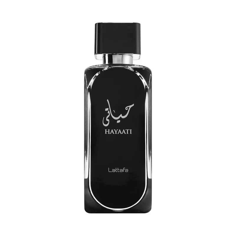 Parfum Hayaati Lattafa, flacon noir élégant avec inscription arabe, parfum d'ambiance de luxe