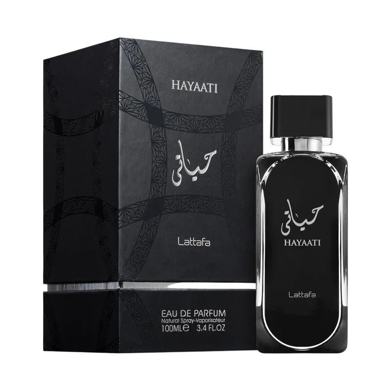 Parfum Hayaati de Lattafa, eau de parfum 100ml, flacon noir élégant avec boîte assortie, parfums de luxe